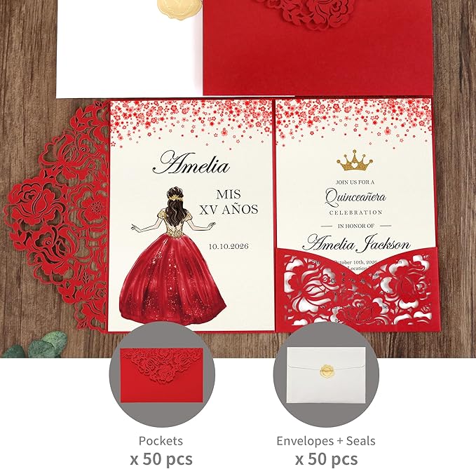 DORIS HOME 50pcs Laser Cut Quinceanera Invitation Pockets - Image 6