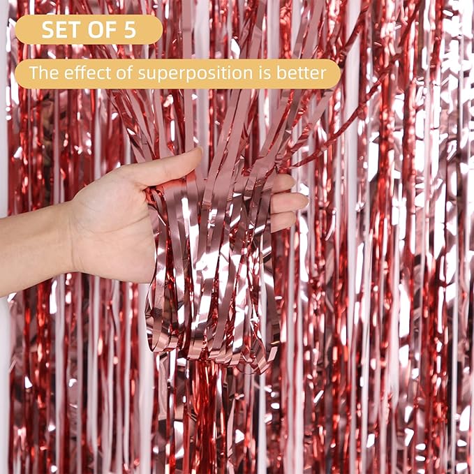 5 Pack Rose Gold Fringe Backdrop 3.2ft x 8.2ft Foil Curtain Tinsel Fringe - Image 2
