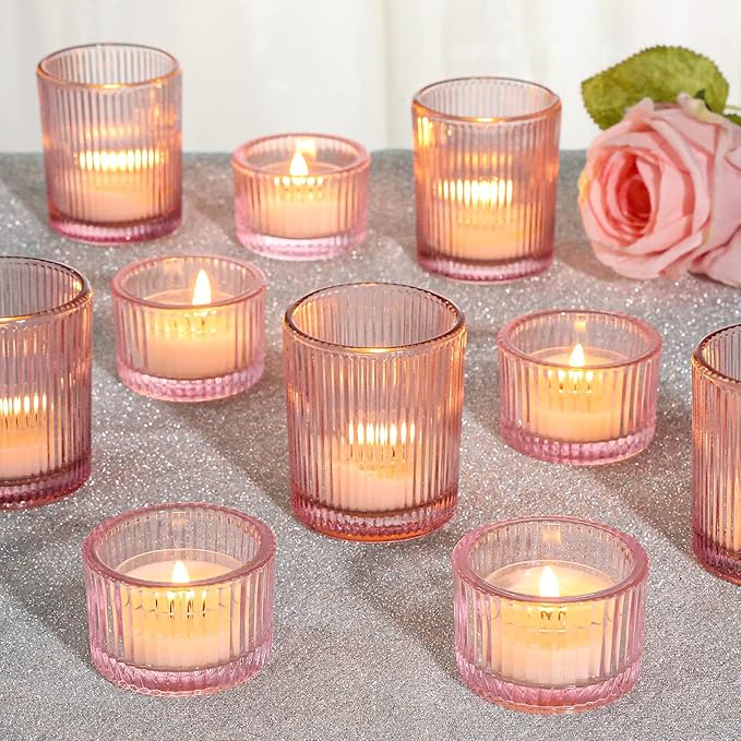 24 Pcs Glass Votive Candle Holders – Assorted Ribbed Pink Tea Light Holders Bulk by SUPMIND