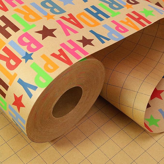 LaRibbons Birthday Wrapping Paper Jumbo 24 Inch x 417 Feet Half Ream Kraft Gift - Image 4