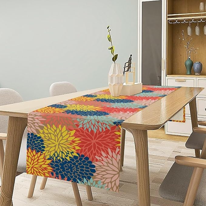 Dahlia Flowers Table Runner Colorful Floral Teal Grey Pink Yellow Blue Abstract - Image 4