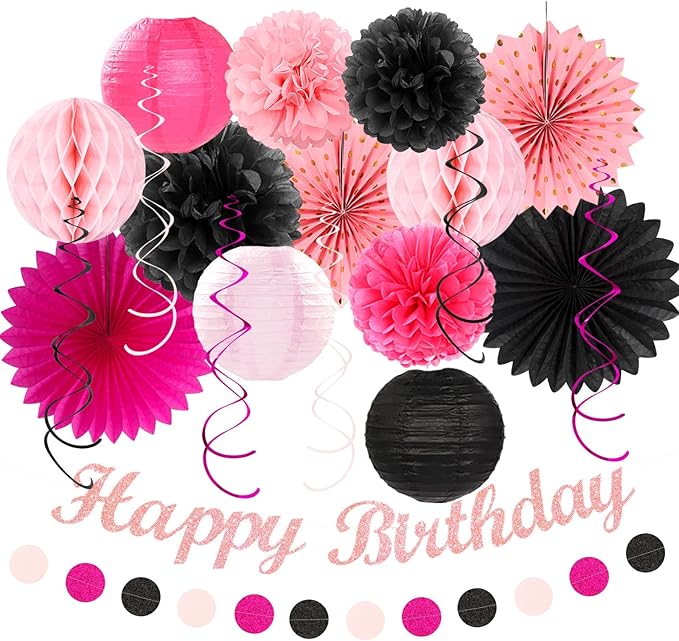 Hot-Pink Black Girls-Women Birthday Party-Decorations by Huglony