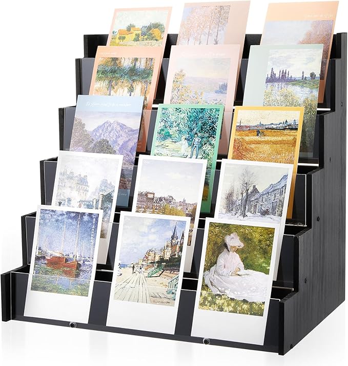 5 Tier Greeting Card Display Stand Black Bamboo and Acrylic Sticker Display by Yuntau