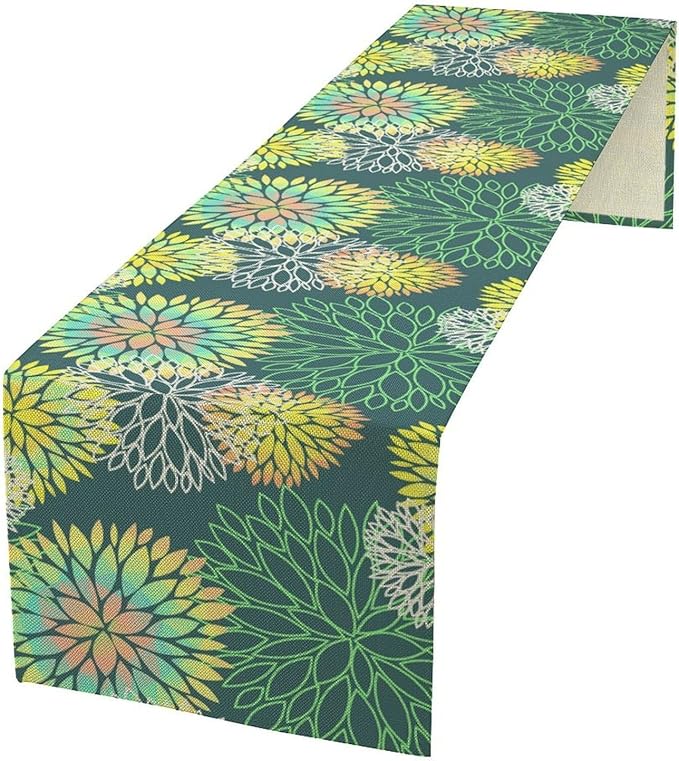 Green Dahlia Flower Table Runner, Linen Geometric Pattern Floral Table Decor - Image 2