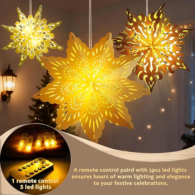 5Pcs Christmas Paper Snowflake Lanterns, Large Christmas Paper Star Lanterns - Image 7