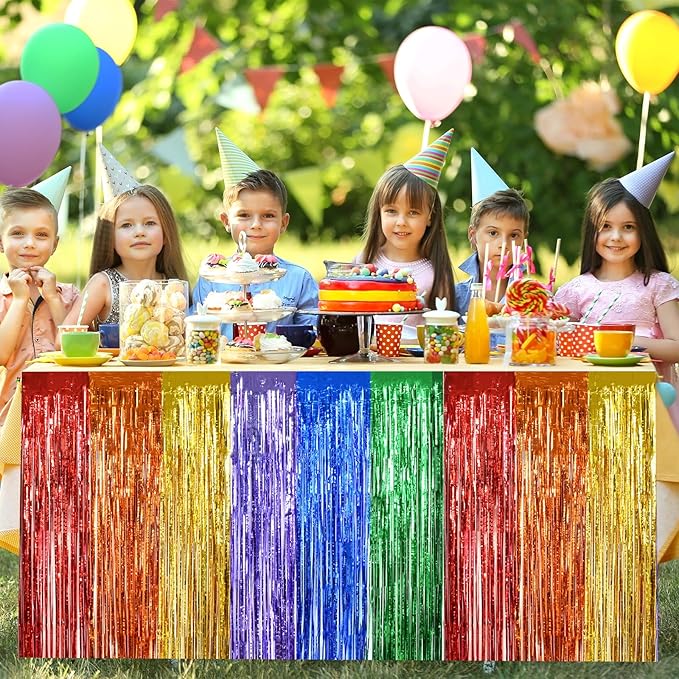 BEISHIDA 2 Pack Rainbow Metallic Tinsel Foil Fringe Table Skirts - Image 6