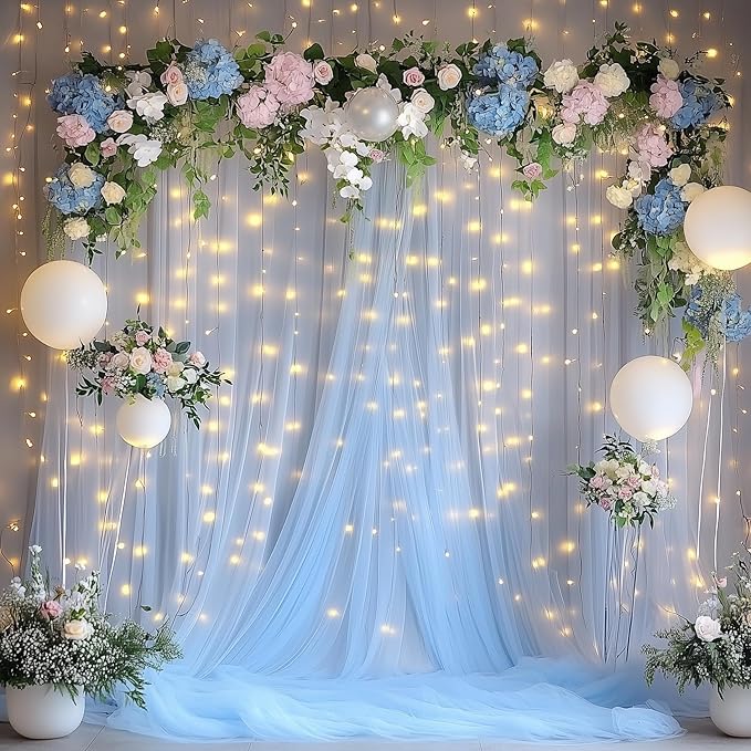 Tulle Backdrop Curtain with Lights String 10FT X 8FT Baby Blue Sheer Tulle - Image 7