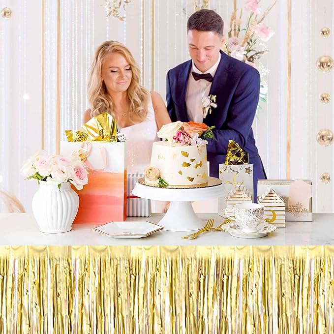 3 Pack 29 x108 Inch Light Gold Foil Fringe Table Skirts Metallic Banner - Image 4