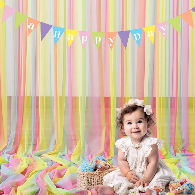 Rainbow Tulle Backdrop Curtain for Birthday Party Decorations 10ft x 10ft Sheer - Image 6