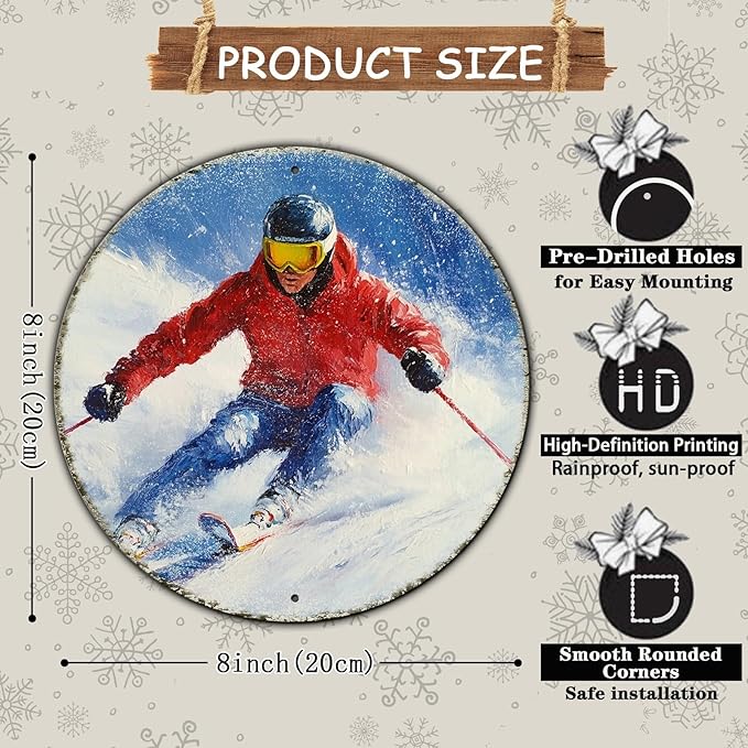 Round Ski Vintage Metal Sign Skiing Sign, Office Sign Home Décor Ski Lodge - Image 2
