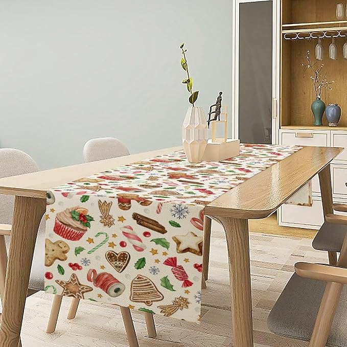 Christmas Table Runner, Christmas Gingerbread New Year Xmas Table Cloth Kitchen - Image 2