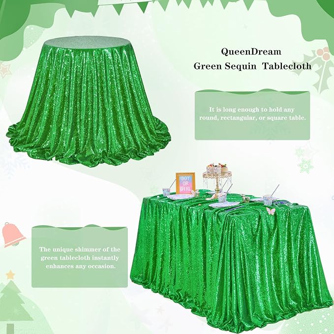 QueenDream Rectangle Tablecloth 90x132 Inches Green Sequin Table Clothes - Image 6