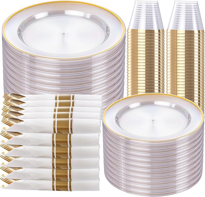 SUT 350 Pcs Gold and Clear Plastic Dinnerware Set by SeeYouTomorrow