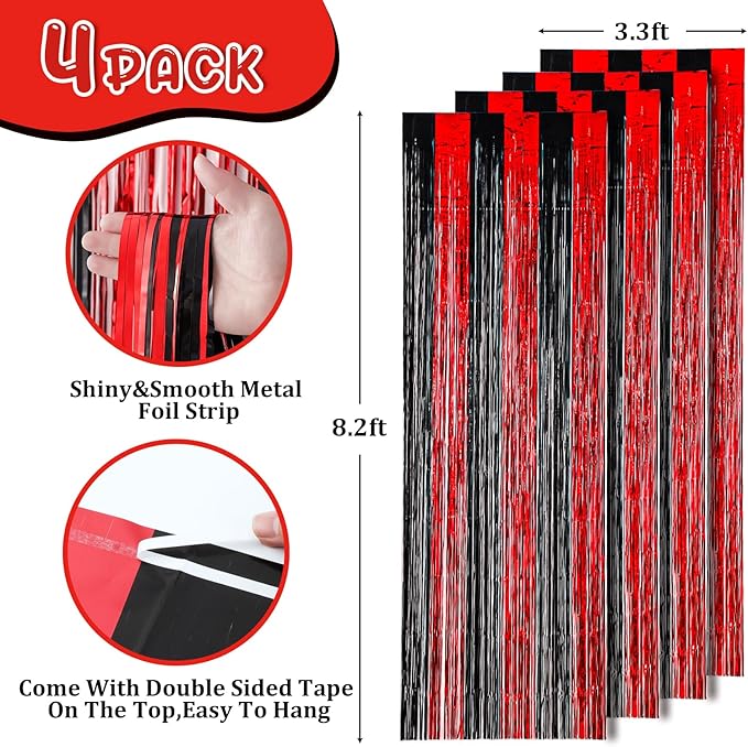 4 Pack 3.3x8.2 Feet Red and Black Foil Fringe Backdrop Curtains, Tinsel - Image 3