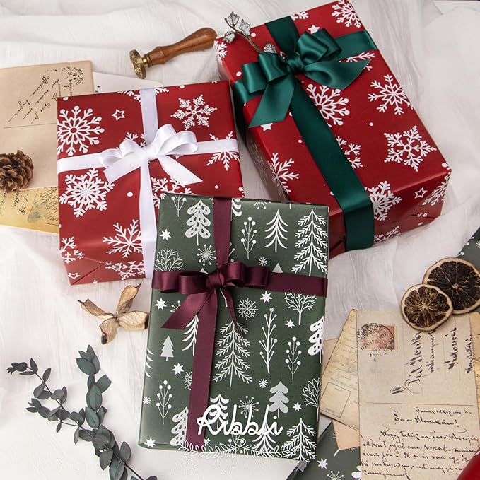 Ribbli Christmas Wrapping paper Reversible Snowflake and Christmas Tree Red - Image 5