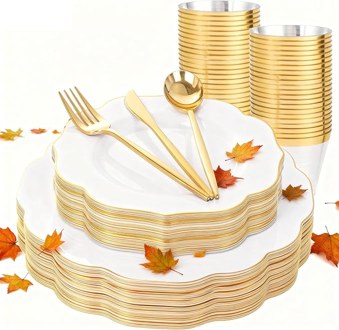 bUCLA 180PCS White and Gold Plastic Plates Disposable by BUCLA