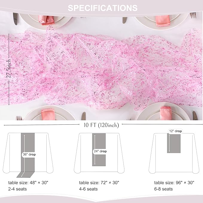 Snowkingdom 10 FT Pink Table Runner, Sequin Glitter Sheer Chiffon Gauze - Image 9