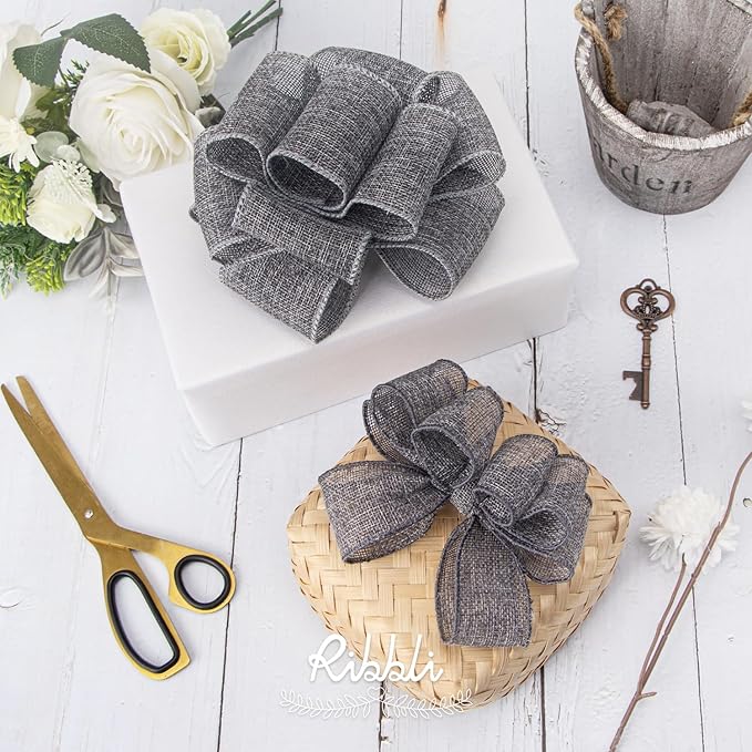 Ribbli Grey Burlap Wired Ribbon, 1-1/2 Inch x 10 Yard, Solid Wired Edge Ribbon - Image 5