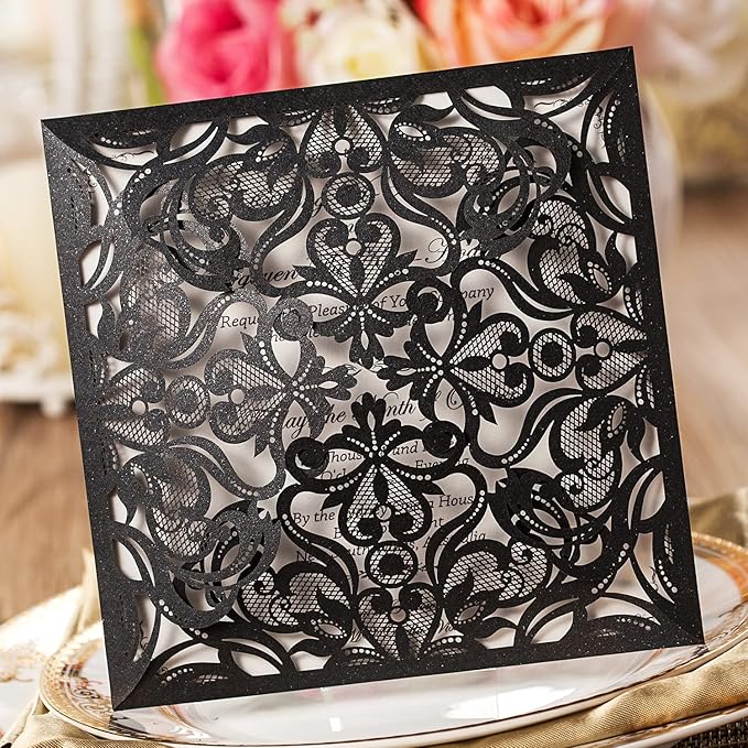 Hosmsua 6.3 x 6.3 Inch 50PCS Black Laser Cut Hollow Lace Rose Invitation Cards - Image 3