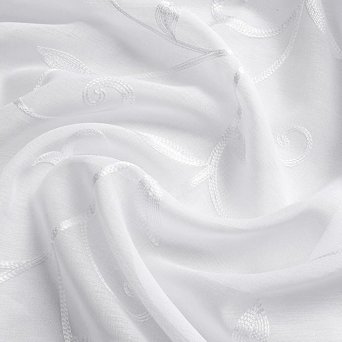 VISIONTEX Sheer Voile Curtains, Decorative White Leaves Embroidery Faux Linen - Image 4