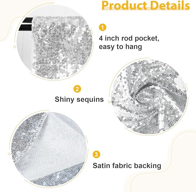 SquarePie Sequin Backdrop Curtain 8FT x 10FT Silver Satin Backing Fabric - Image 3