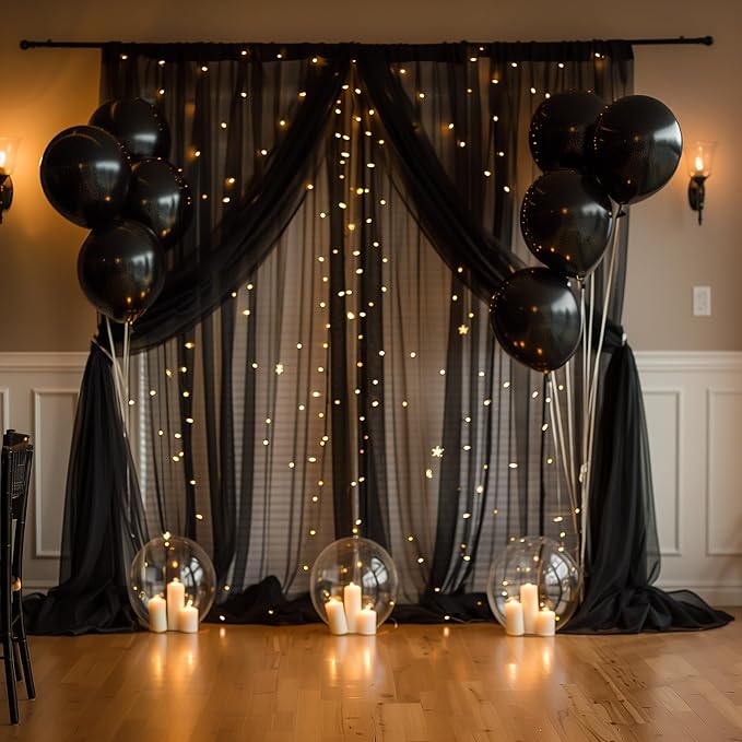 Tulle Backdrop Curtain with Lights String 10FT X 8FT Black Sheer Tulle Backdrop - Image 6