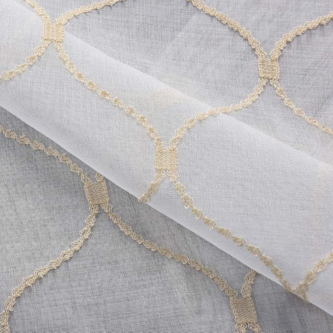 Sheer Curtains Gold 45 Inches, Embroidered Wave Diamond Rod Pocket Voile Drapes - Image 6