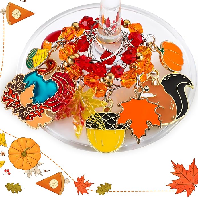 Sasylvia 8 Pieces Thanksgiving Fall Wine Glass Charms Fall Glass Markers - Image 6
