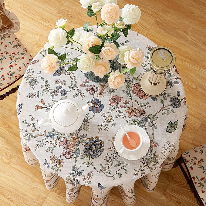 ISAENNE Designer French Light Beige Round Tablecloth, Linen Florals and Birds - Image 3