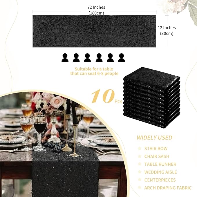 SoarDream Black Table Runner 10 Packs 12x72 Inches Sequin Metallic Fabric - Image 3