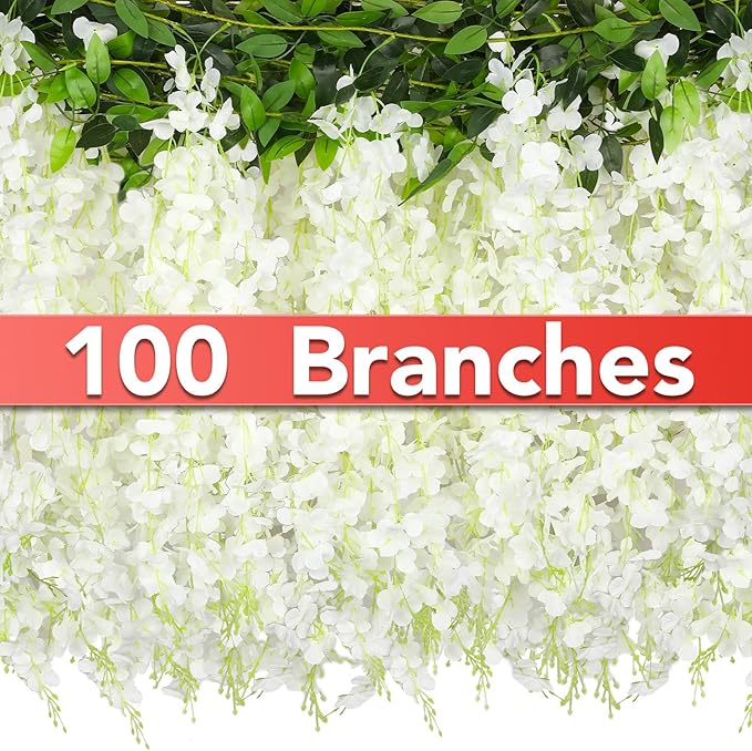 Wisteria Artificial Flowers Garland，10Pcs Total 60ft Silk Fake White Wisteria by CreateABetterLife