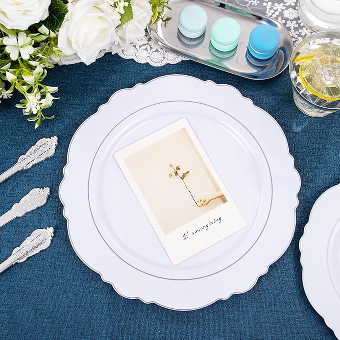 Liacere 350PCS Silver Plastic Plates-Disposable White and Silver Plates 50guest - Image 5