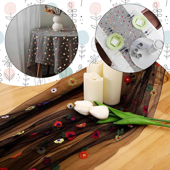 BINBE 3pcs Black Daisy Fall Table Runner Embroidery Gauze 10FT Florals Seasonal - Image 6