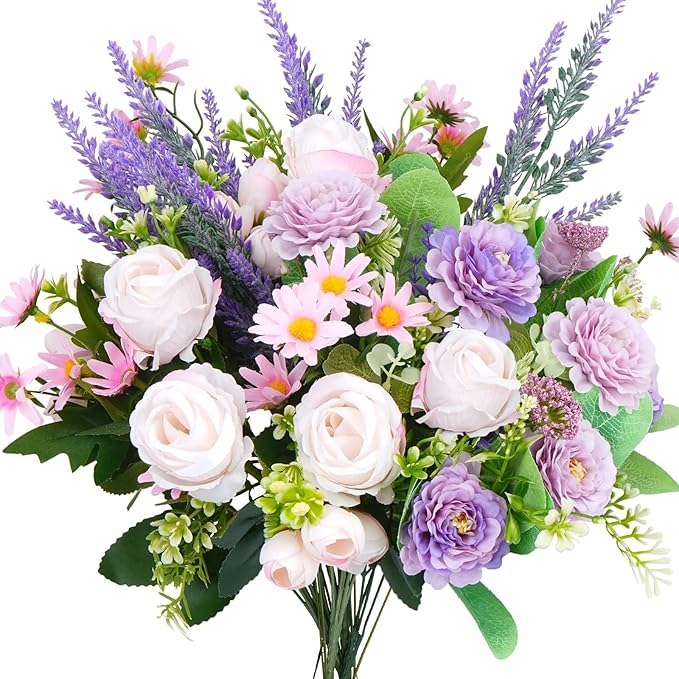 Fake Flowers Purple Artificial Silk Flower Bouquet Faux Flowers - Image 8
