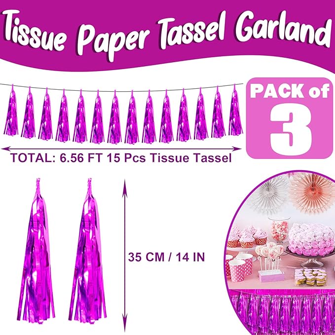 3P Fuchsia Foil Fringe Metallic Tassel Streamers Banner Tassel Garland - Image 2