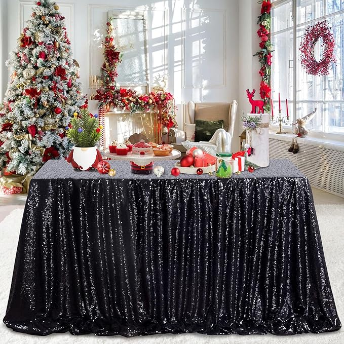 QueenDream Seamless Sequin Tablecloth 90x132 Inch Black Rectangular Tablecloth - Image 4