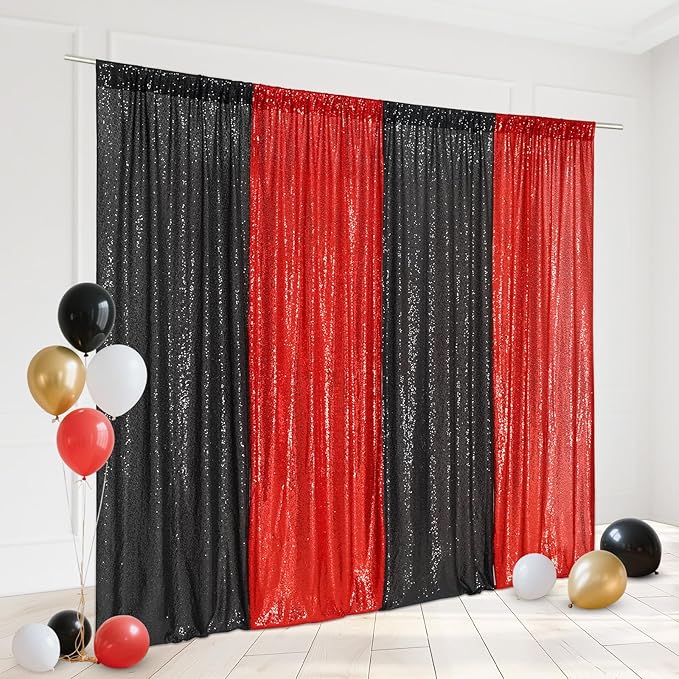 Eternal Beauty Black and Red Backdrop 4 PCS-2x8 Ft Sequin Curtain Panels - Image 2