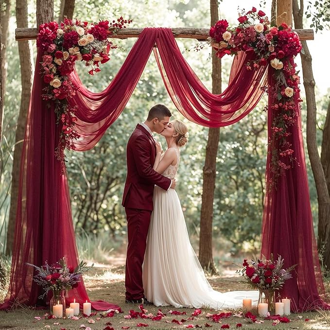 Wedding Arch Draping Fabric, 1 Panel Burgundy Sheer Backdrop Curtain Tulle - Image 3