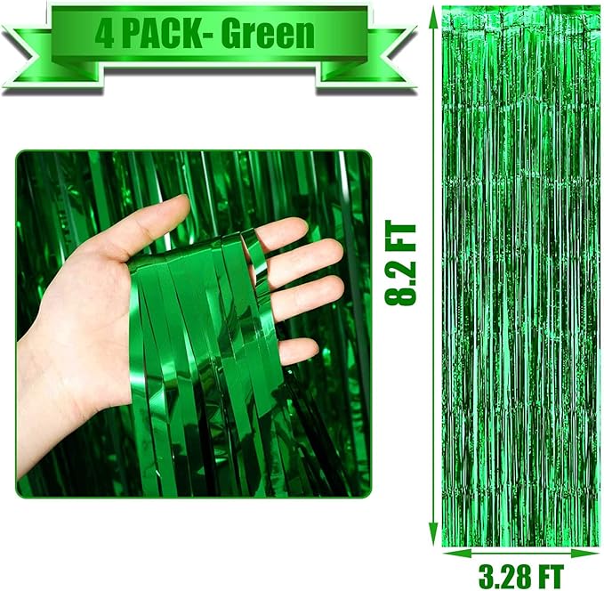 4 Pack Green Foil Fringe Curtain Backdrop, 3.28Ft x 8.2Ft Metallic Tinsel Foil - Image 2