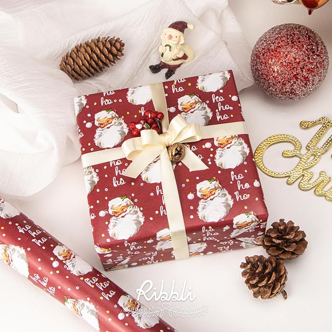 Ribbli Christmas Wrapping Paper Reversible Vintage Santa and Merry Christmas - Image 3
