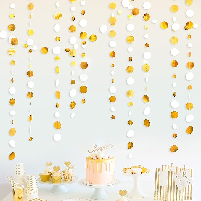 46 Feet White and Gold Circle Dots Garland Hanging Paper Polka Dots Streamer - Image 6