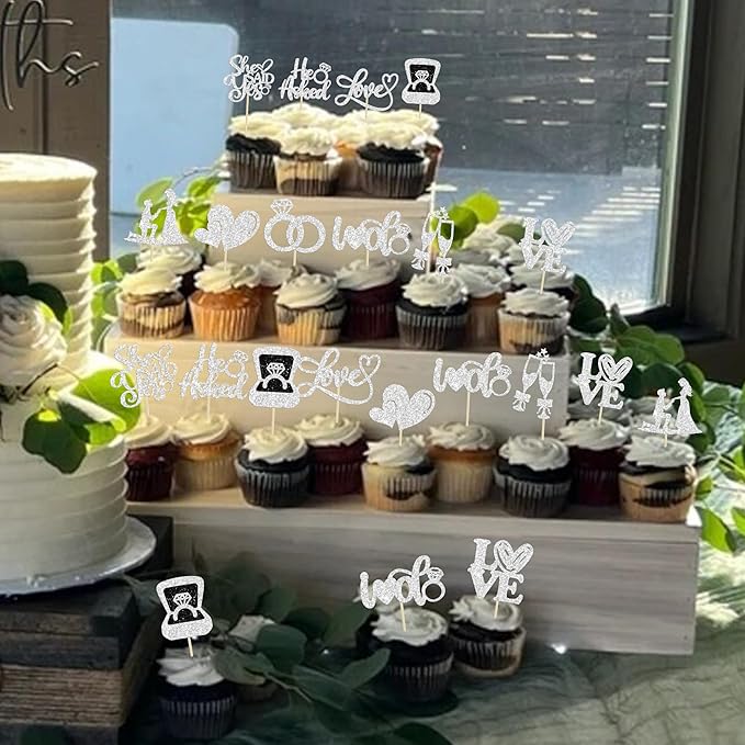 Ephlyn 30Pcs He Asked She Said Yes Cupcake Toppers Glitter Engagement Cupcake - Image 5