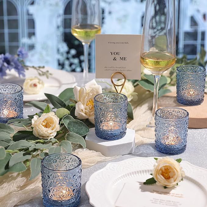 Blue Votive Candle Holder Set of 36, Flower Tea Lights Candles Holders - Image 4