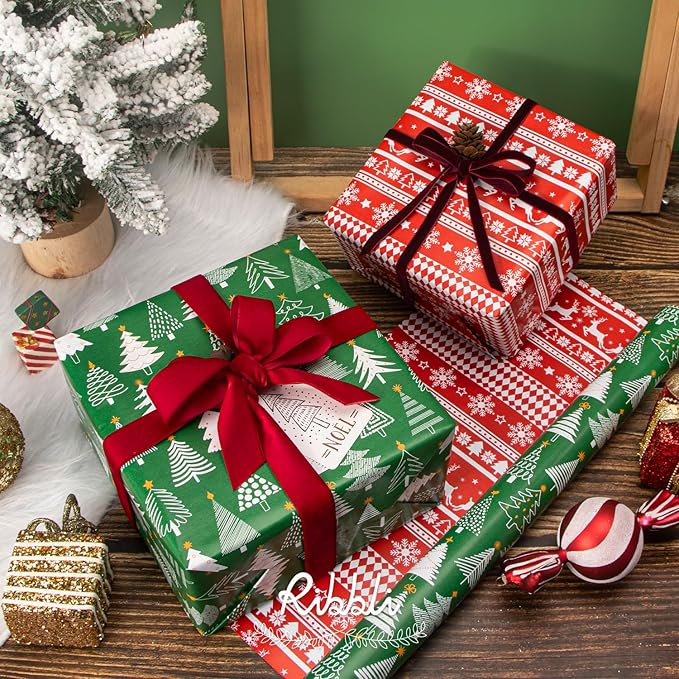 Ribbli Christmas Wrapping Paper Reversible Green Christmas Tree and Red - Image 3