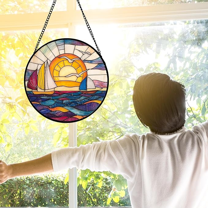 Stained Glass Window Hanging, Sailboat and Waves Suncatcher Diamond Glass Panel - Image 3
