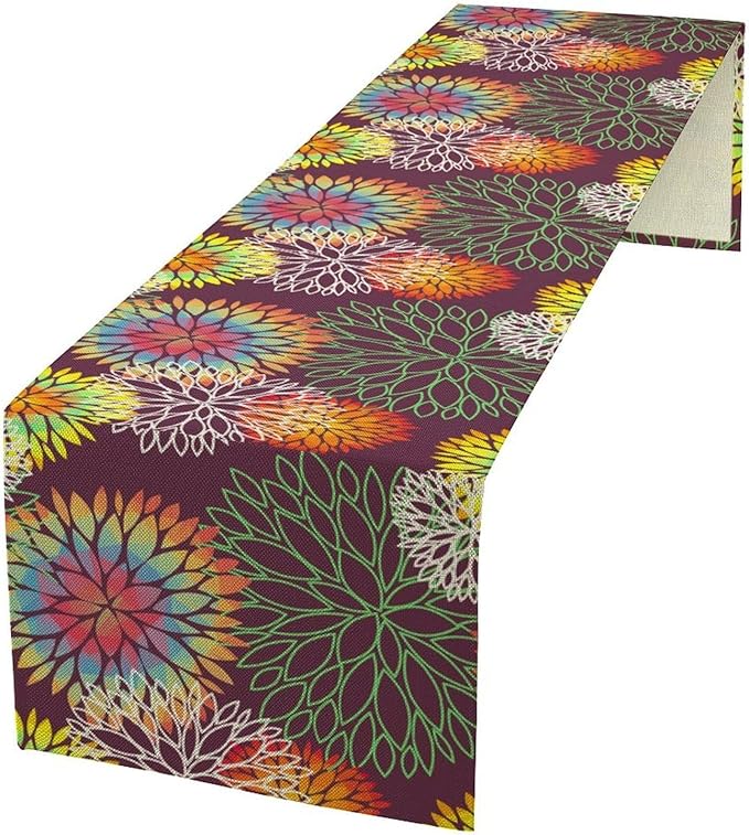 Brown Dahlia Flower Table Runner, Linen Geometric Pattern Floral Table Decor - Image 2