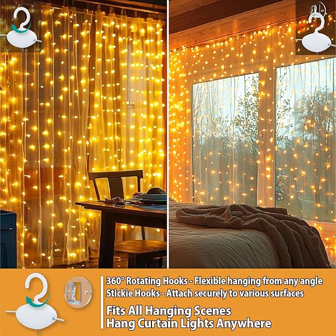 HXWEIYE 300LED Fairy Curtain Lights, 9.8x9.8Ft USB Plug-in 8 Modes Christmas - Image 3