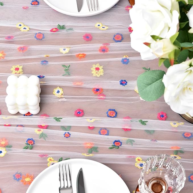 Joanlody 3pcs Ivory Embroidery Daisy Fall Thanksgiving Table Runner 10ft - Image 6