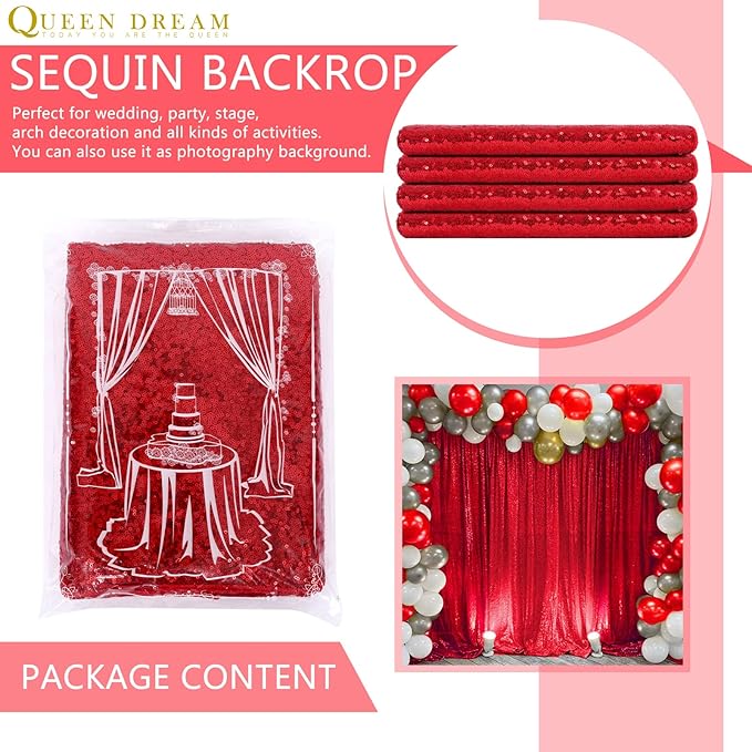 Red Sequin Backdrop 4 Panels 2FTx8FT Christmas Party Backdrop Curtains Photo - Image 7