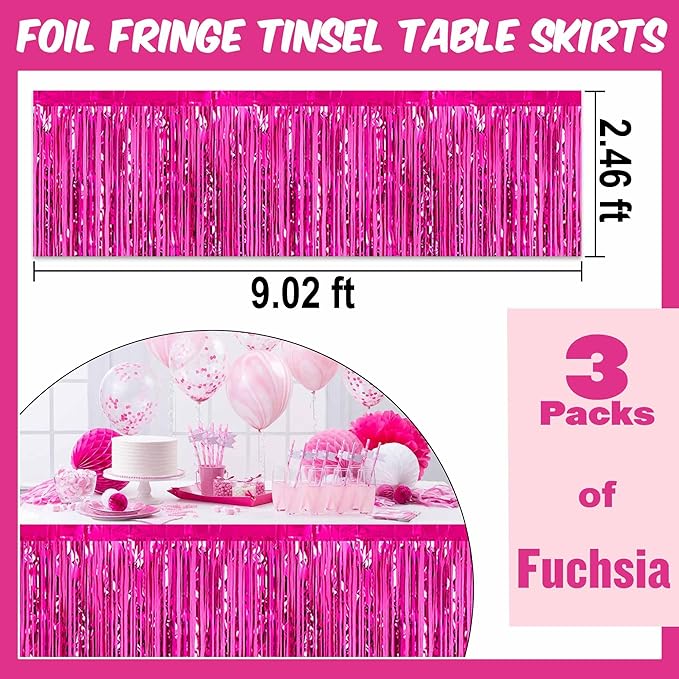 3 Pack Fuchsia Foil Fringe Table Skirts Metallic Tinsel Streamers Garland - Image 2